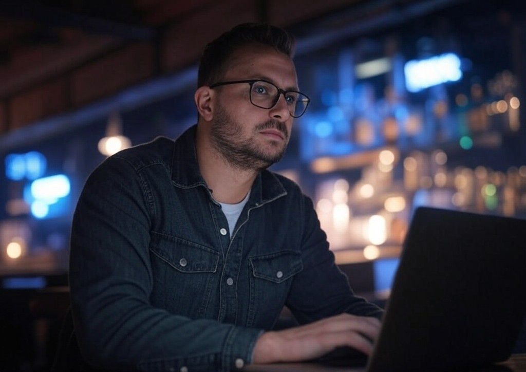 Un homme est assis à une table en utilisant un ordinateur portable la nuit.