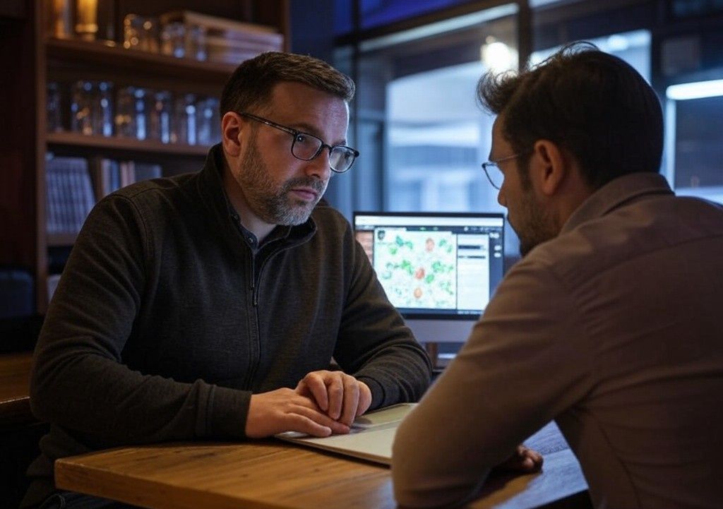 Deux hommes sont assis à une table et regardent un ordinateur portable.