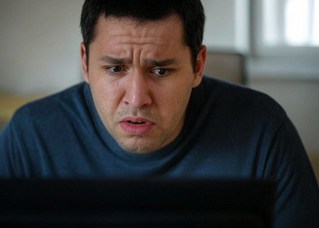 Un homme fait une drôle de grimace en regardant un ordinateur portable.