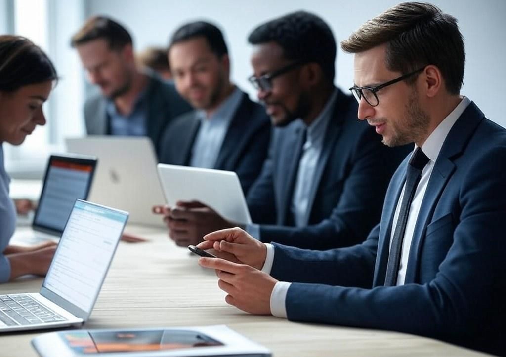 Un groupe de gens d'affaires sont assis à une table avec des ordinateurs portables et des tablettes.