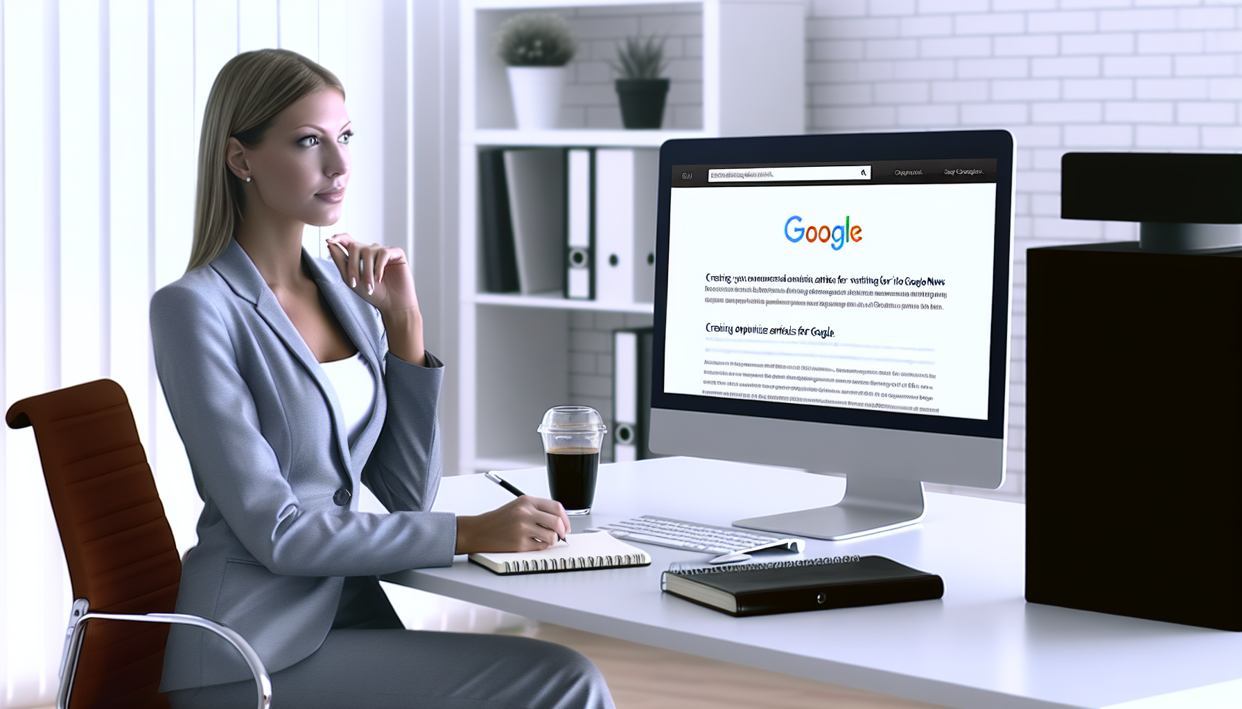 Une femme est assise à un bureau devant un ordinateur.