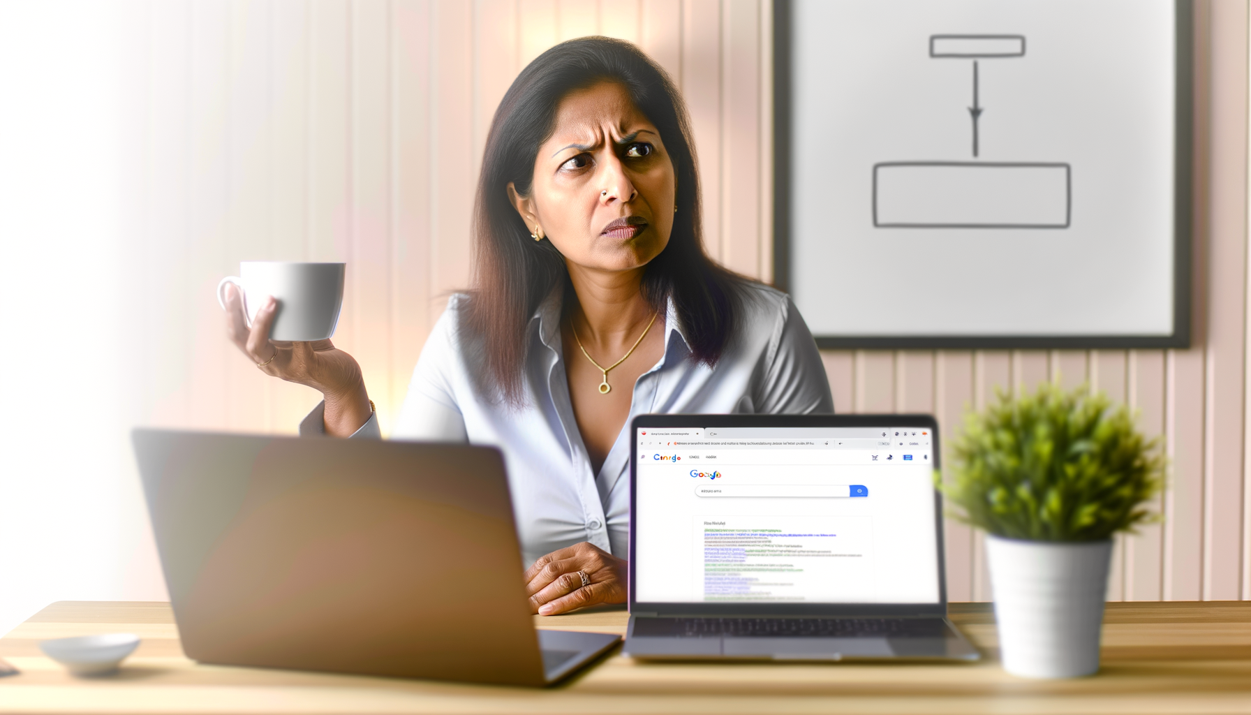 Une femme est assise à un bureau avec un ordinateur portable et une tasse de café.