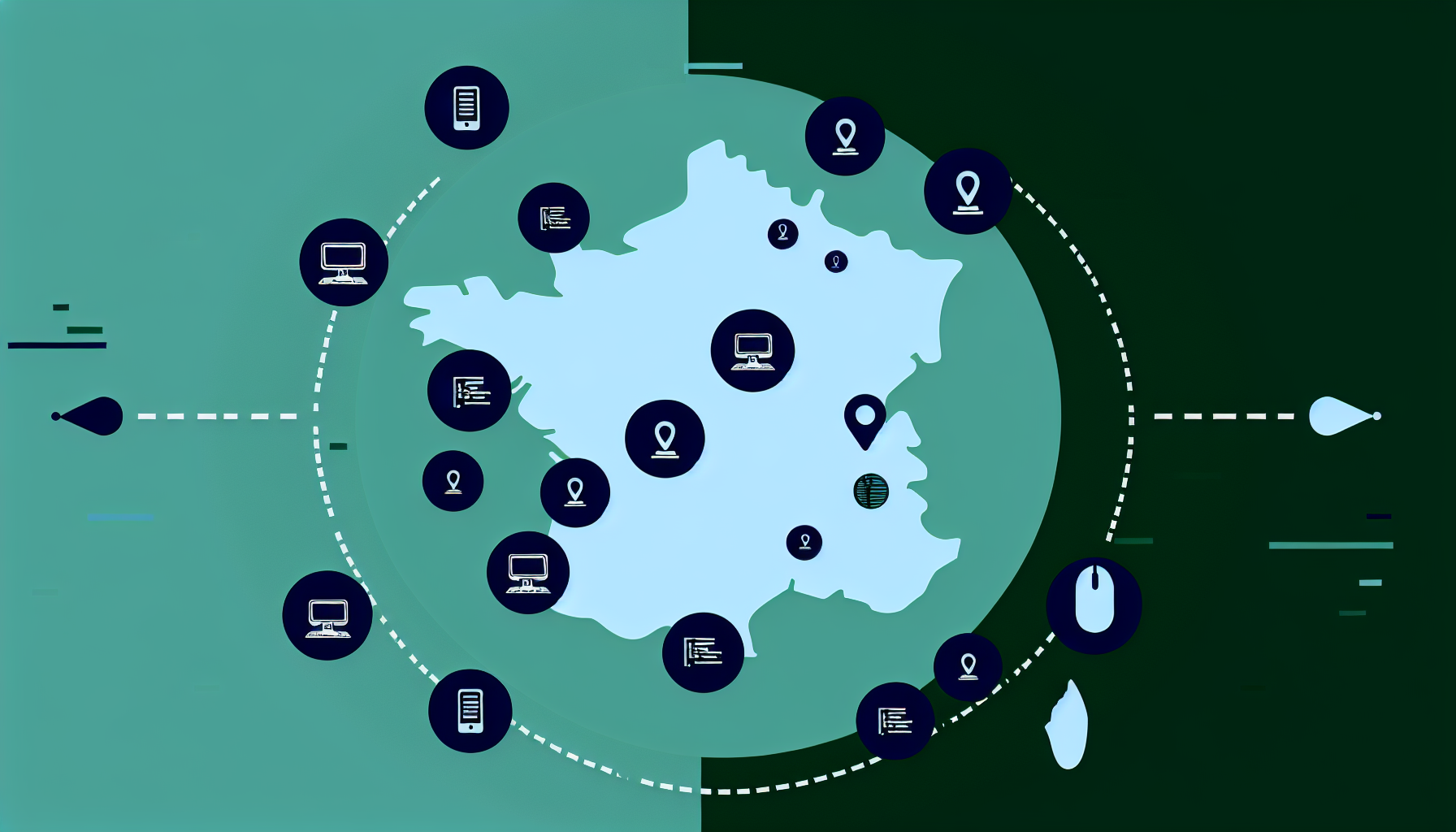 Une carte de France avec des icônes autour sur un fond vert et bleu.