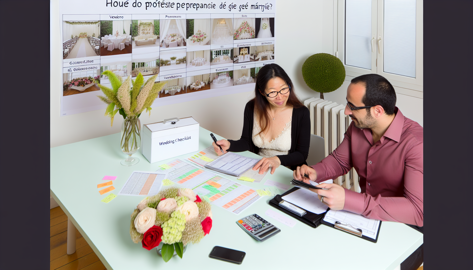 Conseils pour débuter les préparatifs de mariage. Couple heureux discutant des préparatifs de mariage.