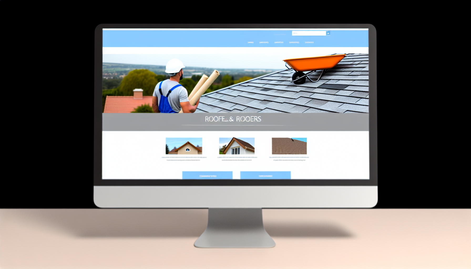 Un écran d'ordinateur affiche un site Web pour une entreprise de toiture.