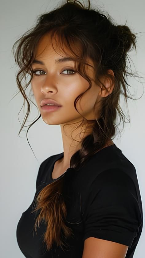 La donna indossa una camicia nera e ha i capelli raccolti in uno chignon.