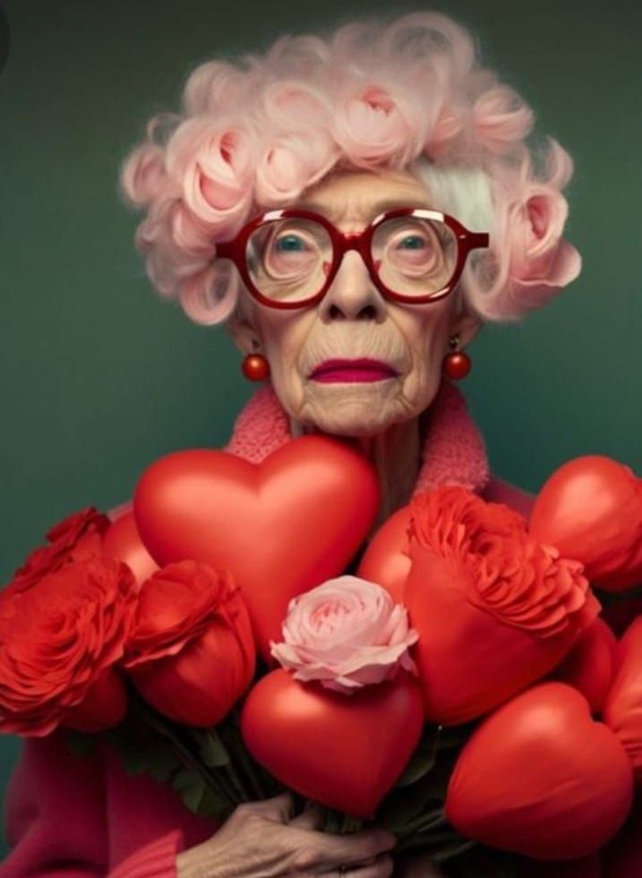 Una donna anziana tiene in mano un mazzo di cuori rossi e rose