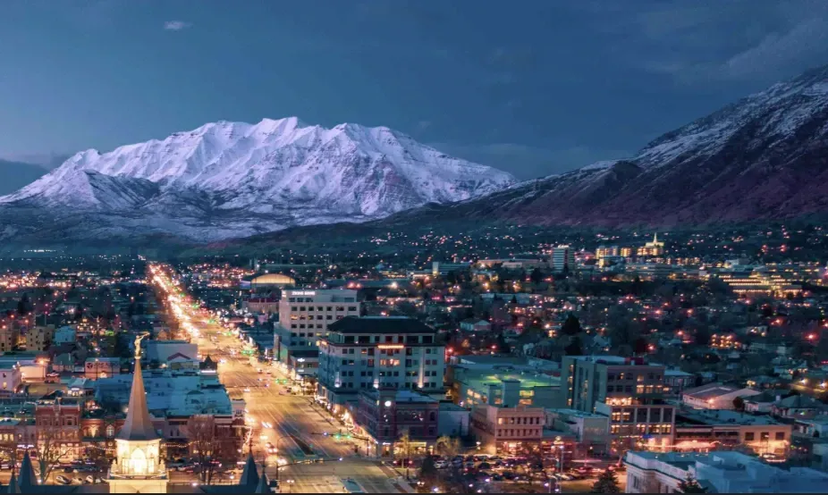 Downtown Provo, UT with the Wasatch mountains in the background.