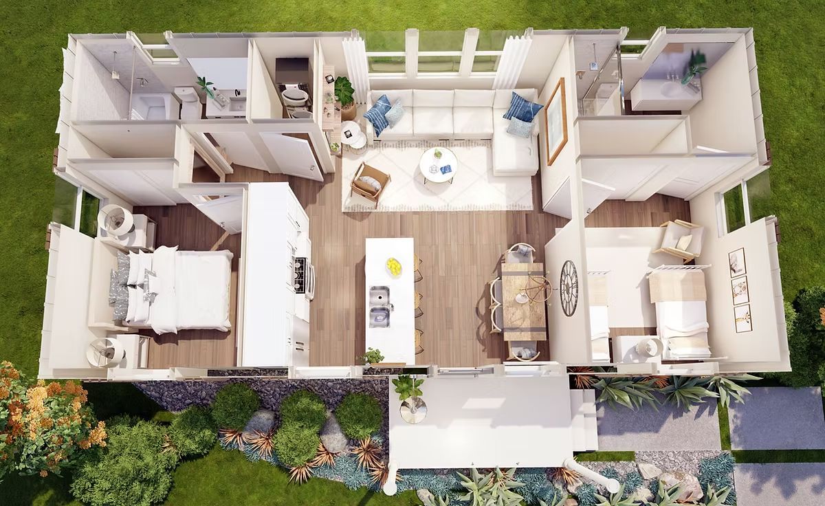 Overhead view of a white, open-concept home with three bedrooms, a living room, and a kitchen; green yard surrounds.