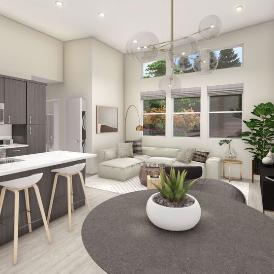 Modern living room with kitchen, sofa, round rug, and overhead light fixture.