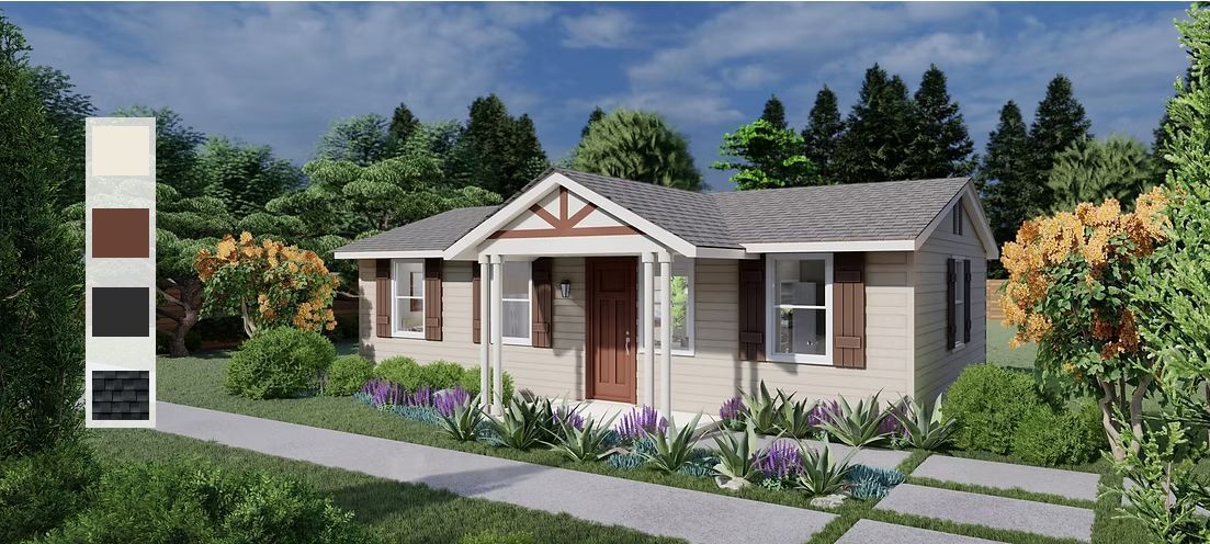 A house with a light-colored exterior and brown shutters, surrounded by greenery.