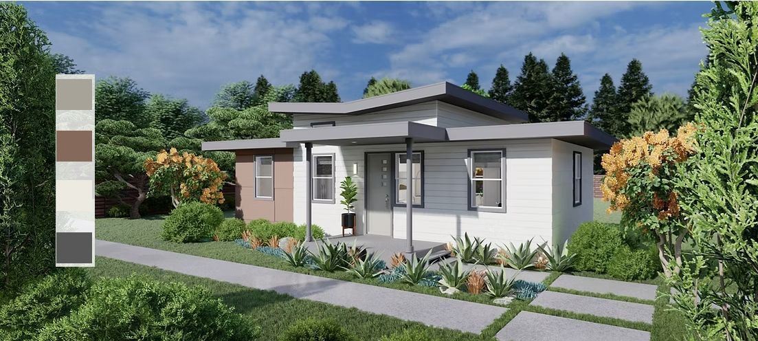 A modern house with white siding and a dark roof; a color palette sample is on the left.