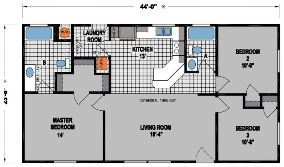 Floor plan of a single-story house with three bedrooms, a kitchen, living room, and laundry room.