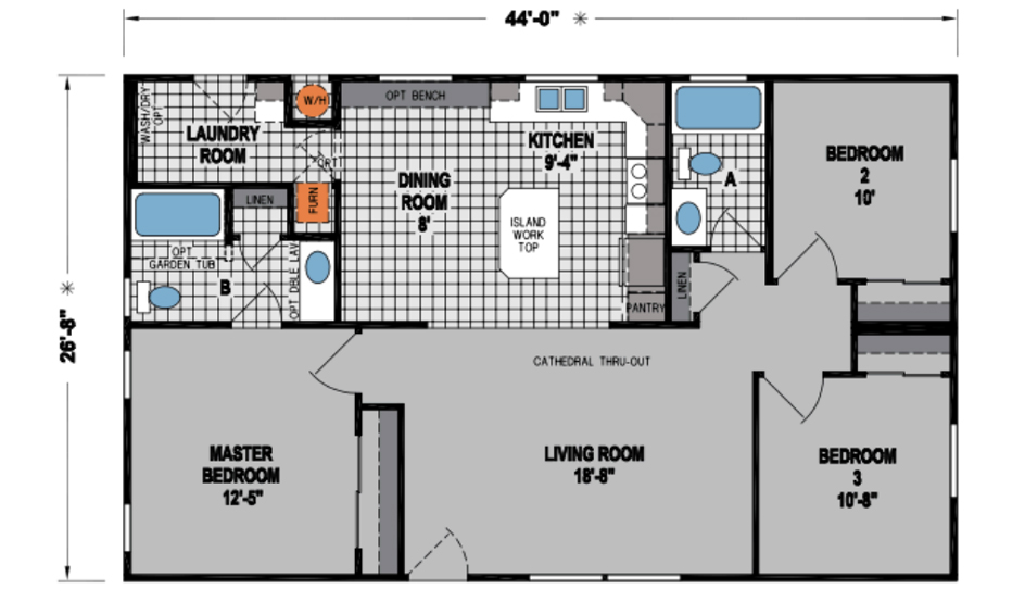 Floor plan of a single-story house with three bedrooms, a living room, dining area, and kitchen.