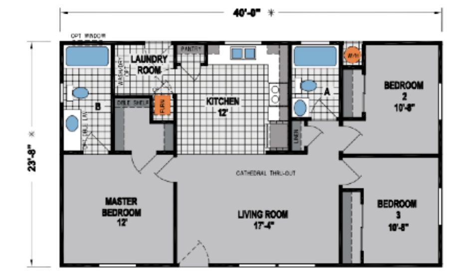 Floor plan of a house, gray with rooms labeled, including kitchen, living room, laundry, and bedrooms.