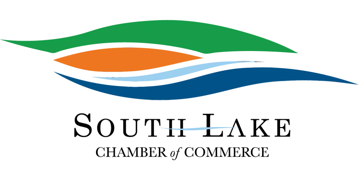 Logo for South Lake Chamber of Commerce. Green, orange, and blue stylized waves above text.
