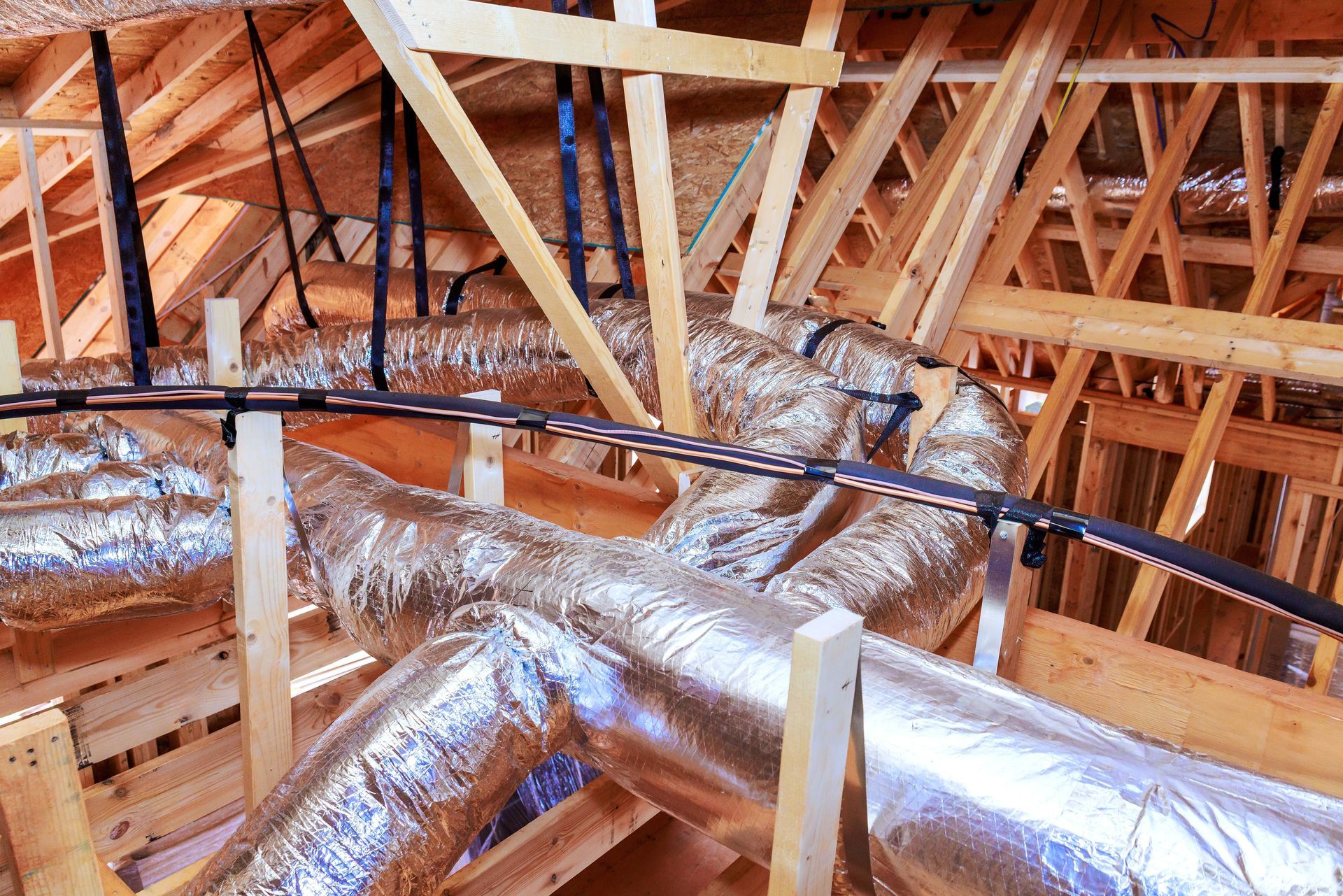 Attic with exposed wooden rafters and insulated silver HVAC ducts running across the ceiling