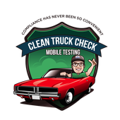The logo for clean truck check mobile testing shows a man driving a red car.