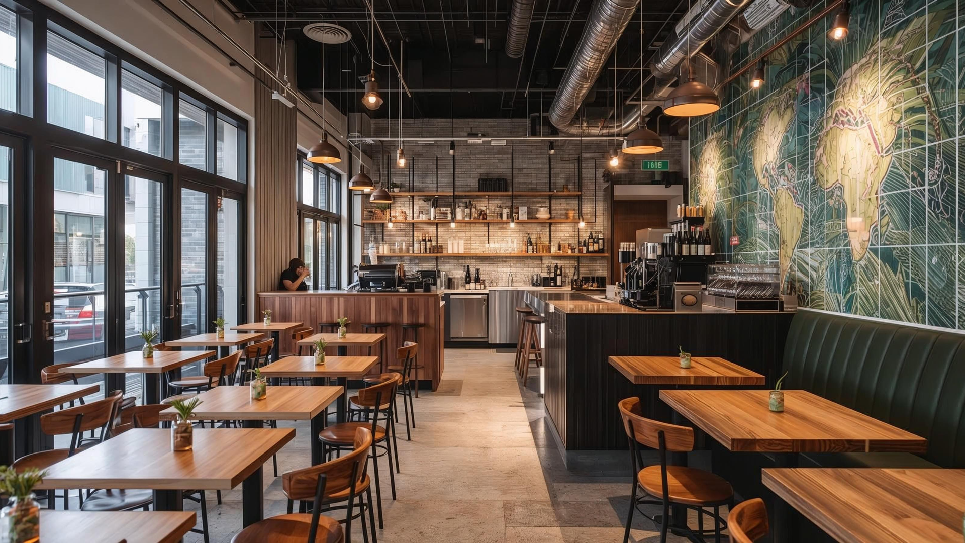café interior with timber tables, pendant lighting, exposed ductwork and a large botanical mural wal