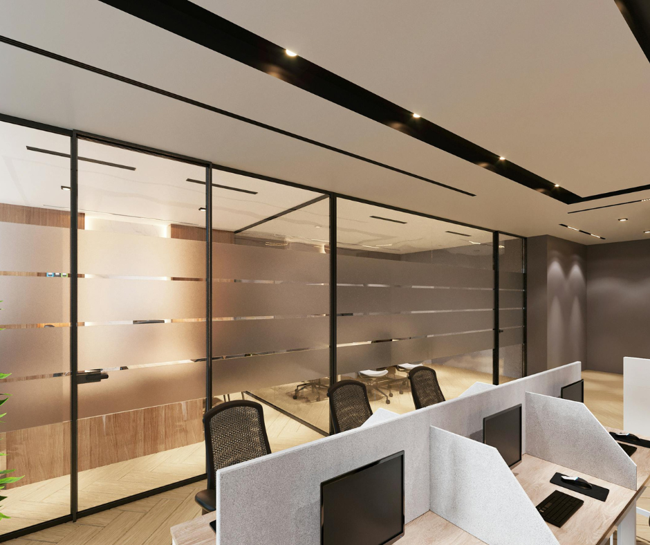 Modern office interior with glass partitions, desks, and black chairs Modern office interior with glass partitions, desks, and black chairs