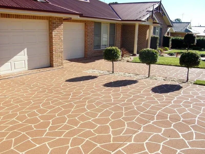 A driveway in front of a house with a stencilled pattern — Concrete Colour Solutions in Morisset, NSW