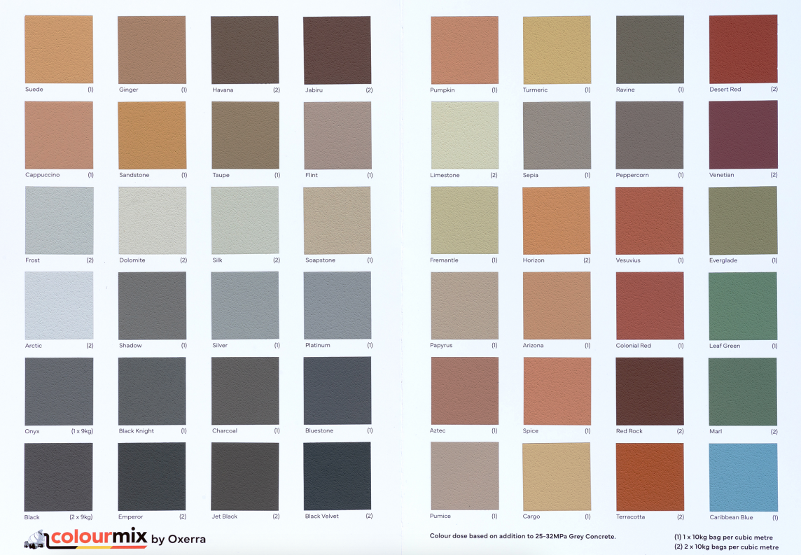 A colour mix chart shows a variety of colours — Concrete Colour Solutions in Morisset, NSW