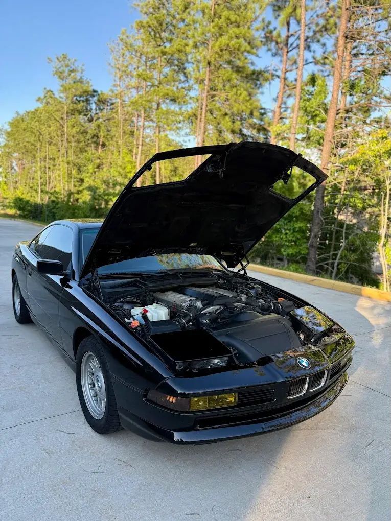 Black BMW 8-series coupe with open hood. Outdoors, sunny, trees in background. | Friendly Automotive