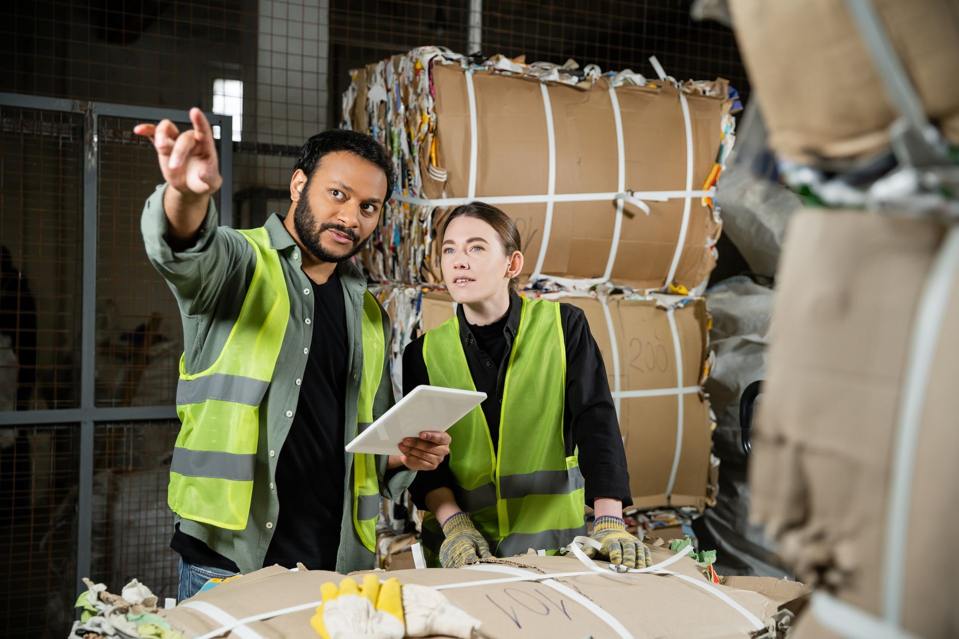 A man and a woman are standing next to each other in a warehouse looking at a pile of cardboard.