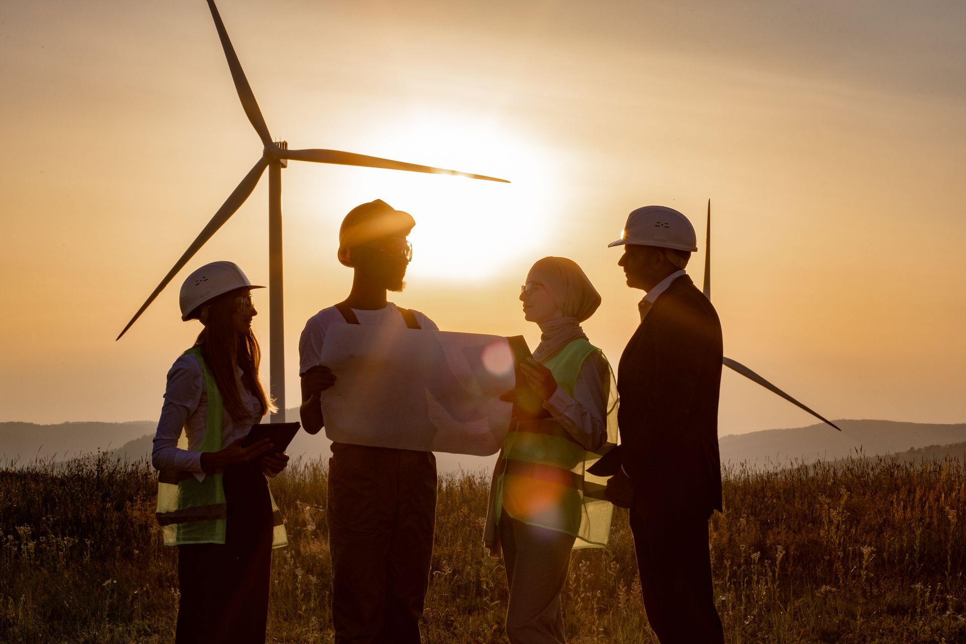 A group of people are standing in a field with wind turbines in the background.