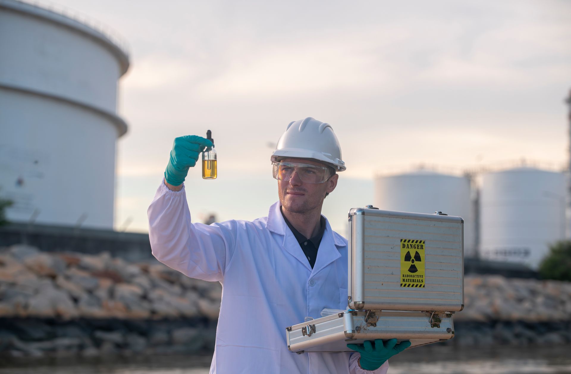 A man in a lab coat is holding a bottle of liquid and a briefcase.