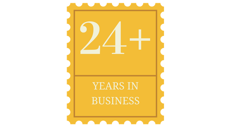 A yellow postage stamp with the words `` 24+ years in business '' written on it.