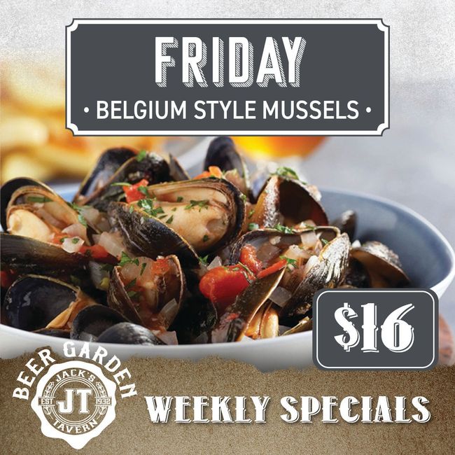 a poster for friday belgium style mussels for $ 16