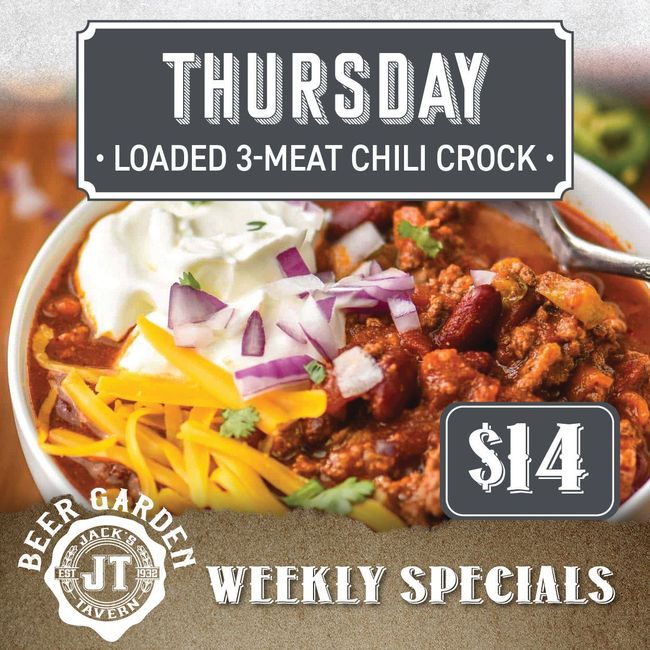 a weekly special for thursday loaded 3 meat chili crock is $ 14