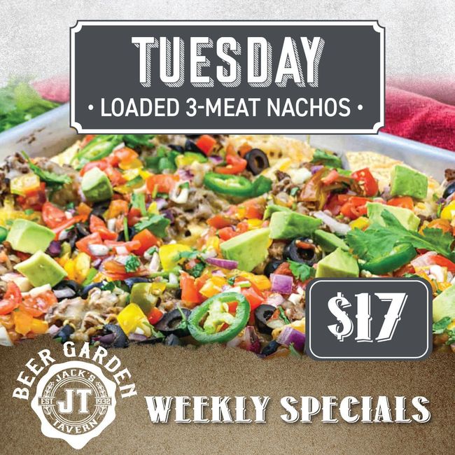 an advertisement for tuesday loaded 3 meat nachos for $ 17