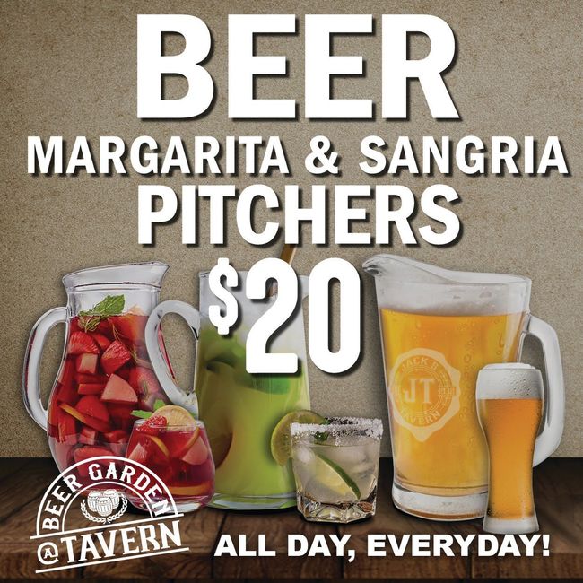 a poster advertising beer margarita and sangria pitchers for $ 20