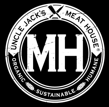 the logo for uncle jack 's meat house is white on a black background .