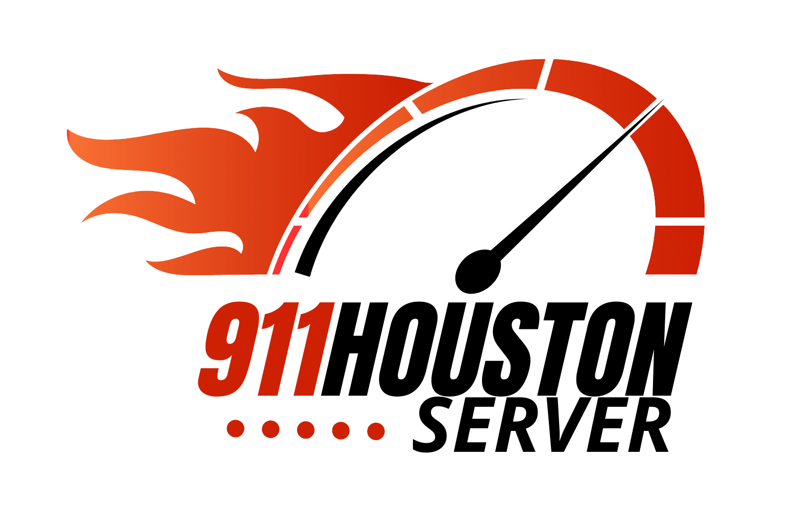 A logo for 911 houston server with a speedometer on a white background.