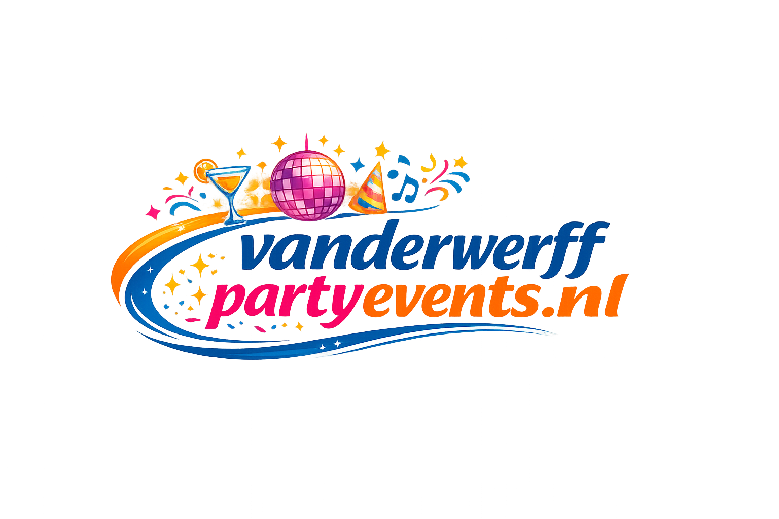 Logo voor vanderwerffpartyevents.nl met feesticonen zoals een cocktail, discobal en feestmuts boven blauwe en oranje strepen.