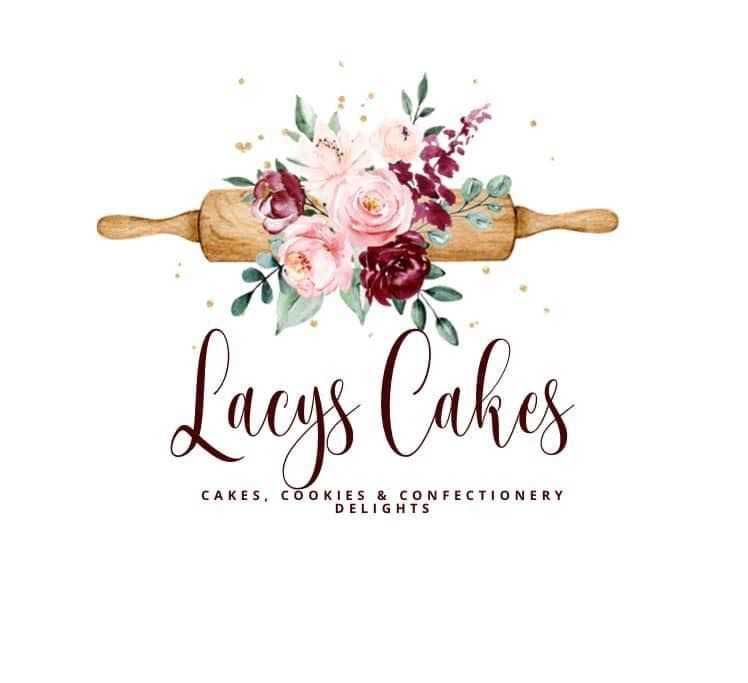 Lacy's Cakes logo: floral arrangement on rolling pin above cursive text; tagline 
