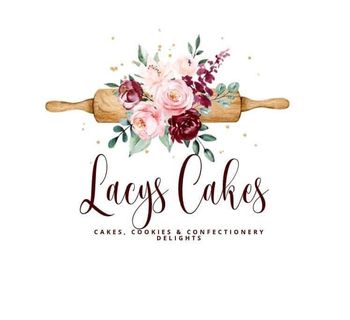 Lacy's Cakes logo: floral arrangement on rolling pin above cursive text; tagline 