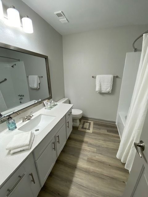 Bathroom with double-sink vanity, large mirror, towels, toilet, and shower curtain in an apartment.