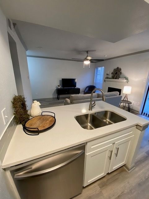 Open kitchen with double sink and dishwasher, view into living room with sofa and fireplace
