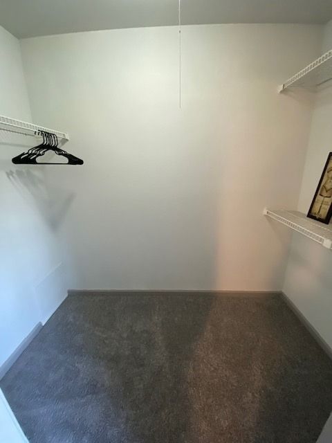 Empty walk-in closet with white walls, wire shelves, and a hanging rod.