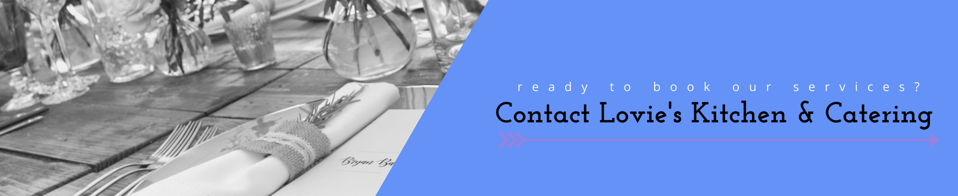 Blue banner for “Couture Lewis Kitchen & Catering” with a black-and-white food prep photo