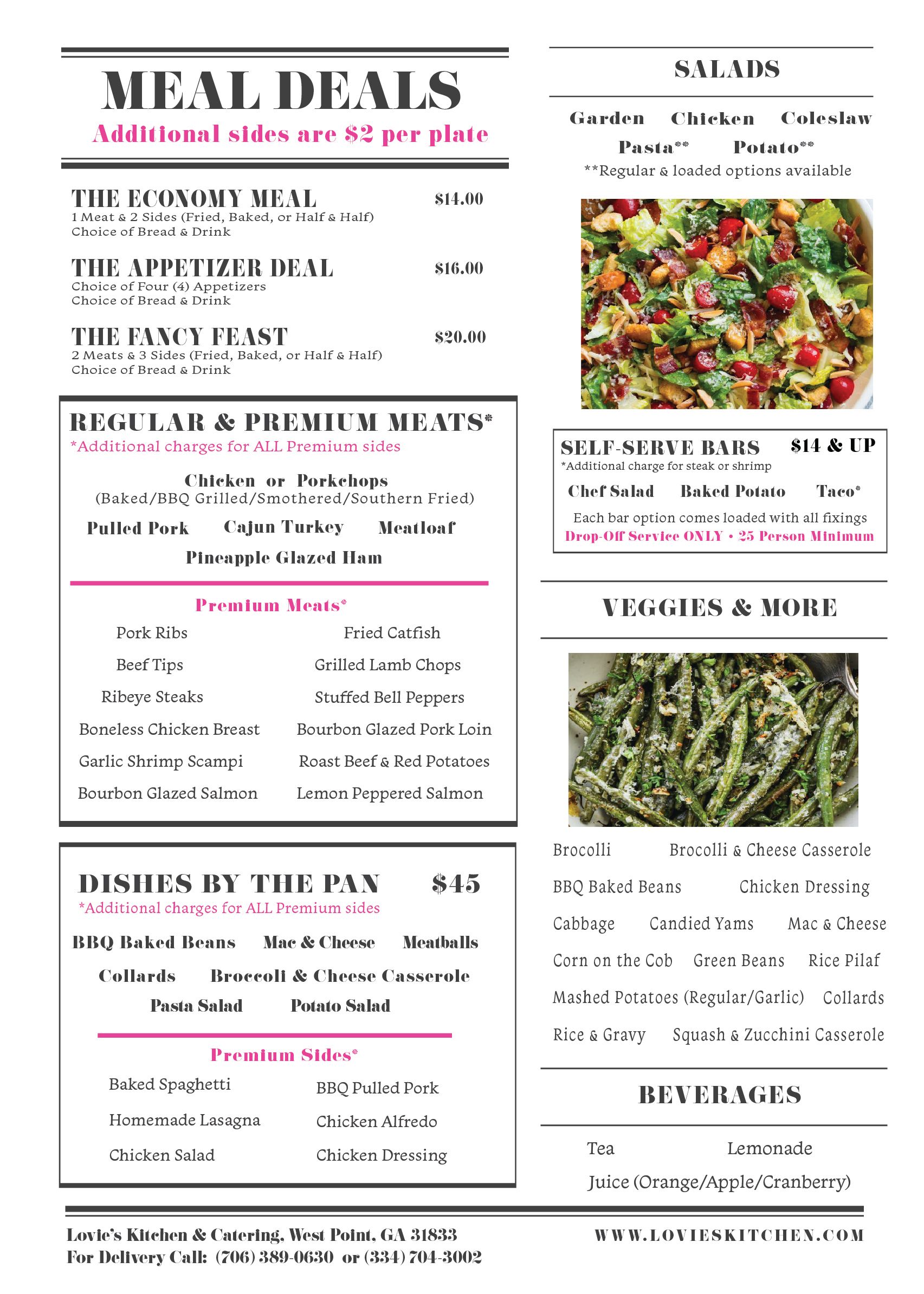 Weekly meal deals menu with text and photos of salad and green vegetables