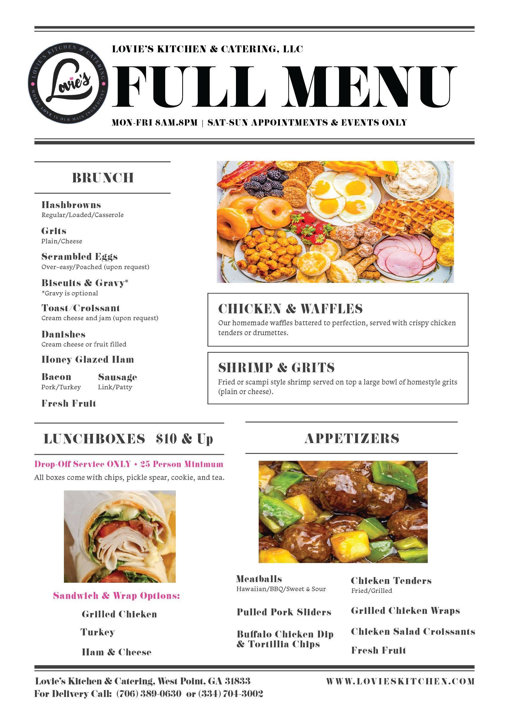 Full menu flyer with food photos, including chicken, fried rice, and sandwiches, on a white background