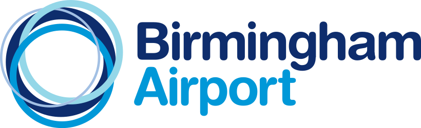 Birmingham Airport logo: Circle of blue lines with “Birmingham Airport” text.