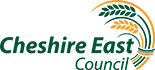 Cheshire East Council logo with green and gold wheat stalks and text.