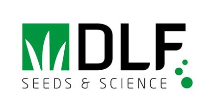 Logo of DLF Seeds & Science: Green square with grass design, black text