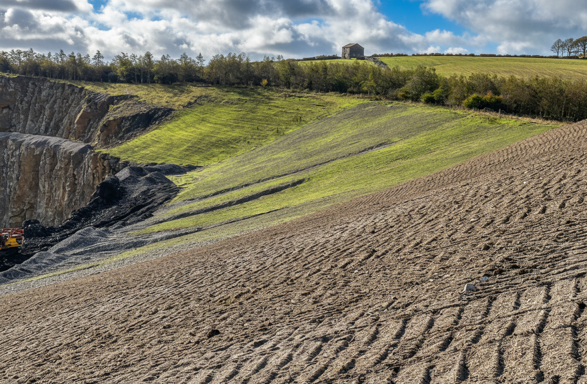 Quarry landscape: bare earth in foreground, green hillside with trees, and distant building under a cloudy sky.